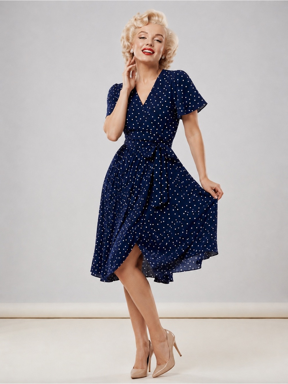 Fantaslook Navy Blue White Polka Dot Pleated Flutter Sleeve Midi Dress Sz M NWT